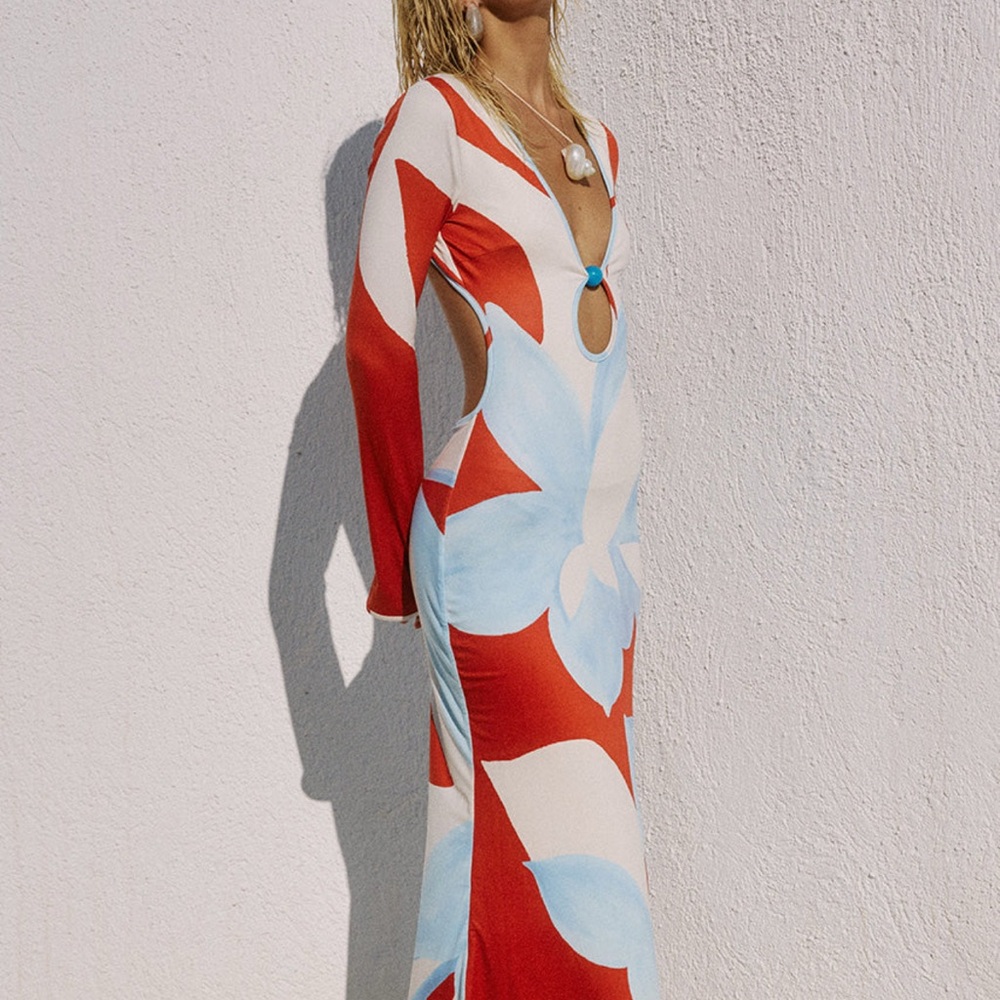 Elegant Red and Blue Floral Maxi Dress